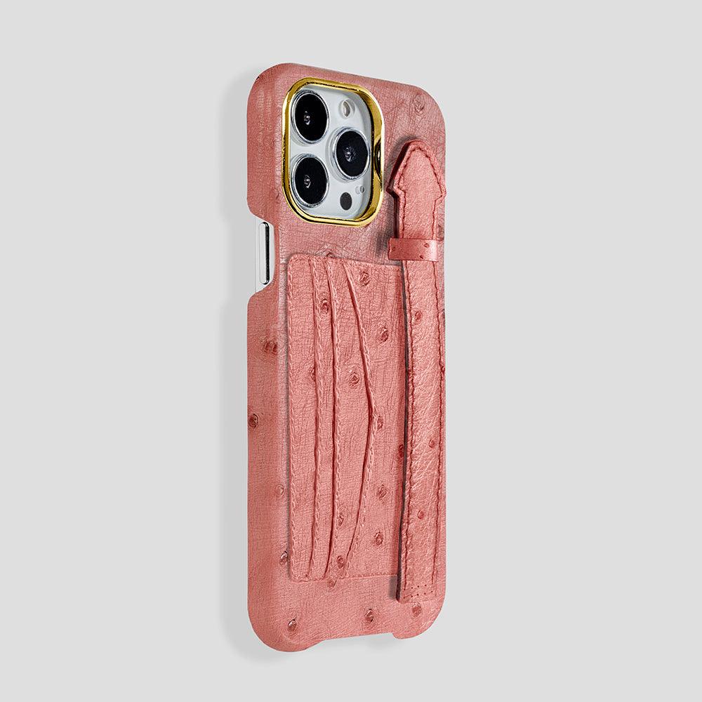 iPhone 15 Pro Cardholder Finger Strap Case Ostrich - Gatti Luxury