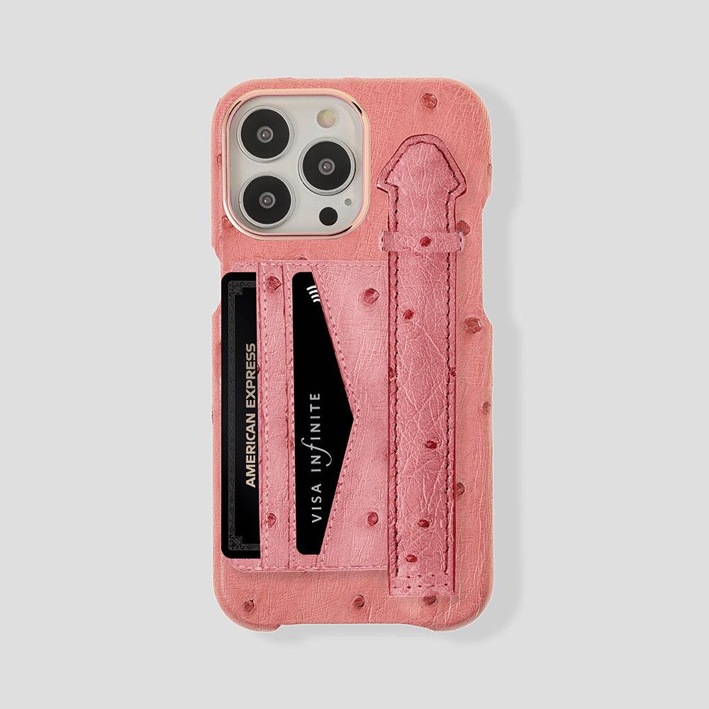 iPhone 15 Plus Cardholder Finger Strap Case Ostrich - Gatti Luxury