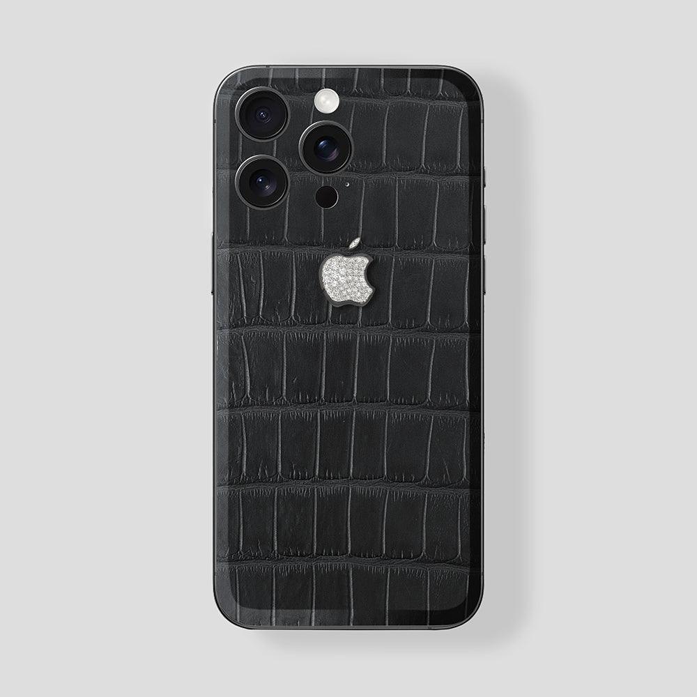 Custom iPhone 15 Pro | Pro Max Titan Black Alligator Black Phantom White Gold Diamonds - Gatti Luxury