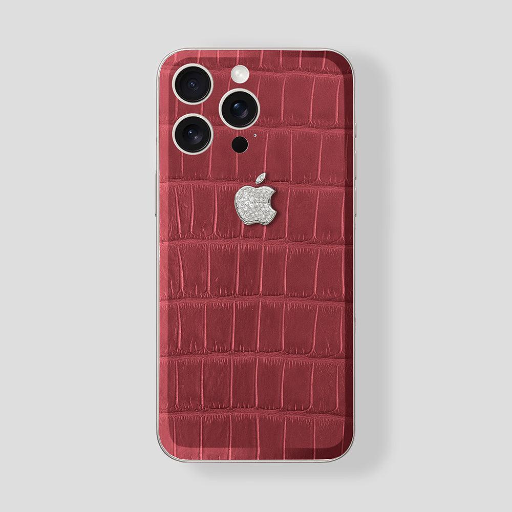 Custom iPhone 15 Pro | Pro Max Titan White Alligator Red White Gold Diamonds - Gatti Luxury