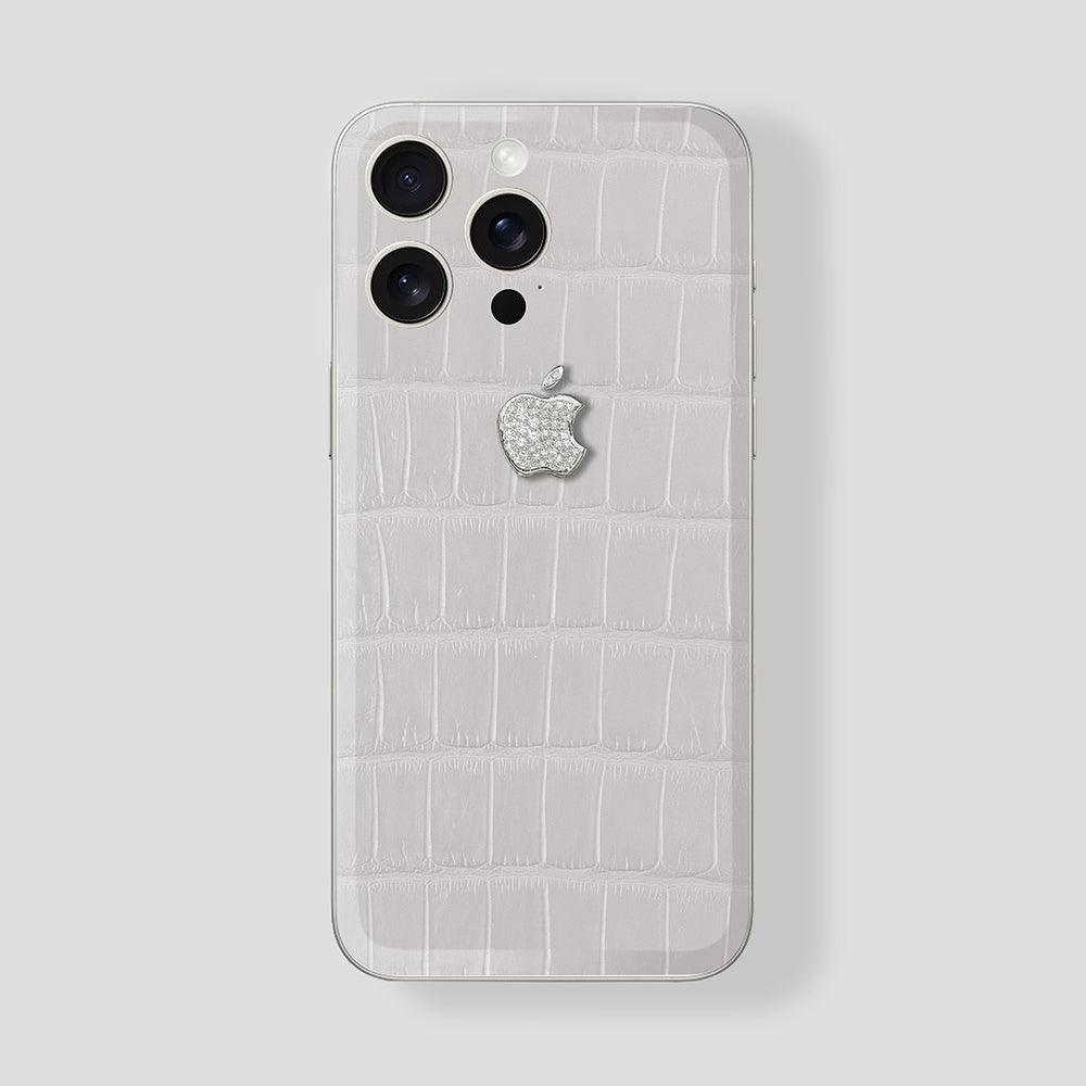 Custom iPhone 15 Pro | Pro Max Titan White Alligator White - White Gold Diamonds - Gatti Luxury