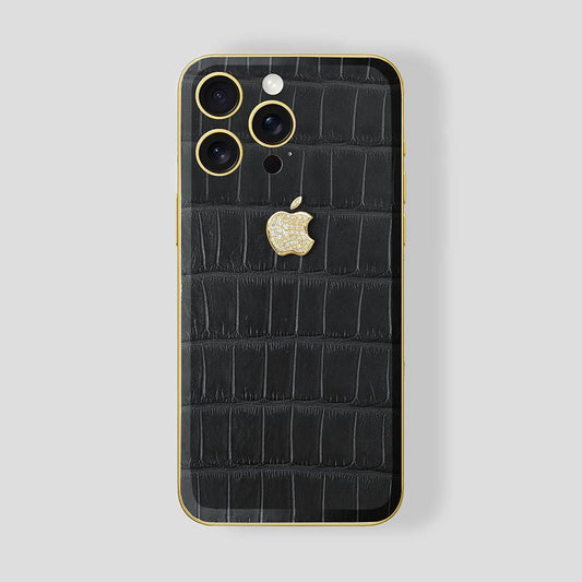 Custom iPhone Gold 24K, Alligator Black Rubber, Gold Diamond Logo - Gatti Luxury