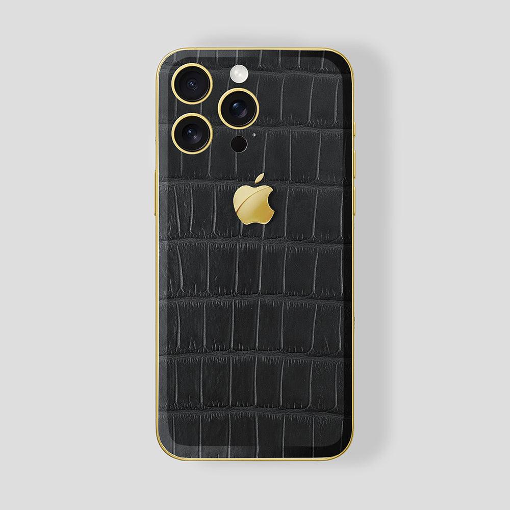 Custom iPhone Gold 24K, Alligator Black Rubber, Gold Logo - Gatti Luxury