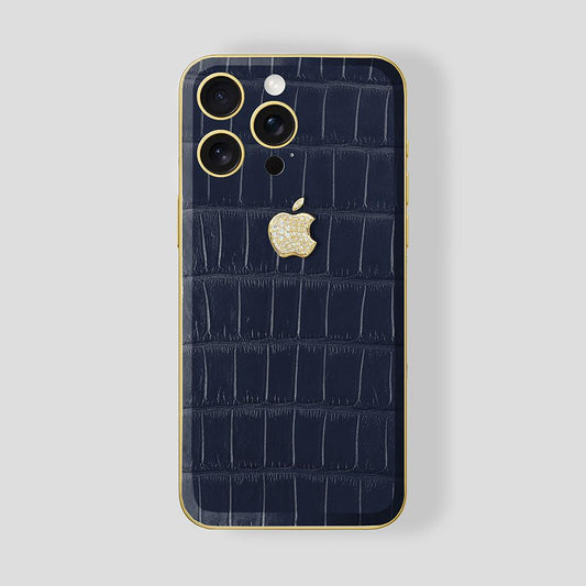 Custom iPhone Gold 24K, Blue Navy Alligator, Diamond Gold Logo - Gatti Luxury