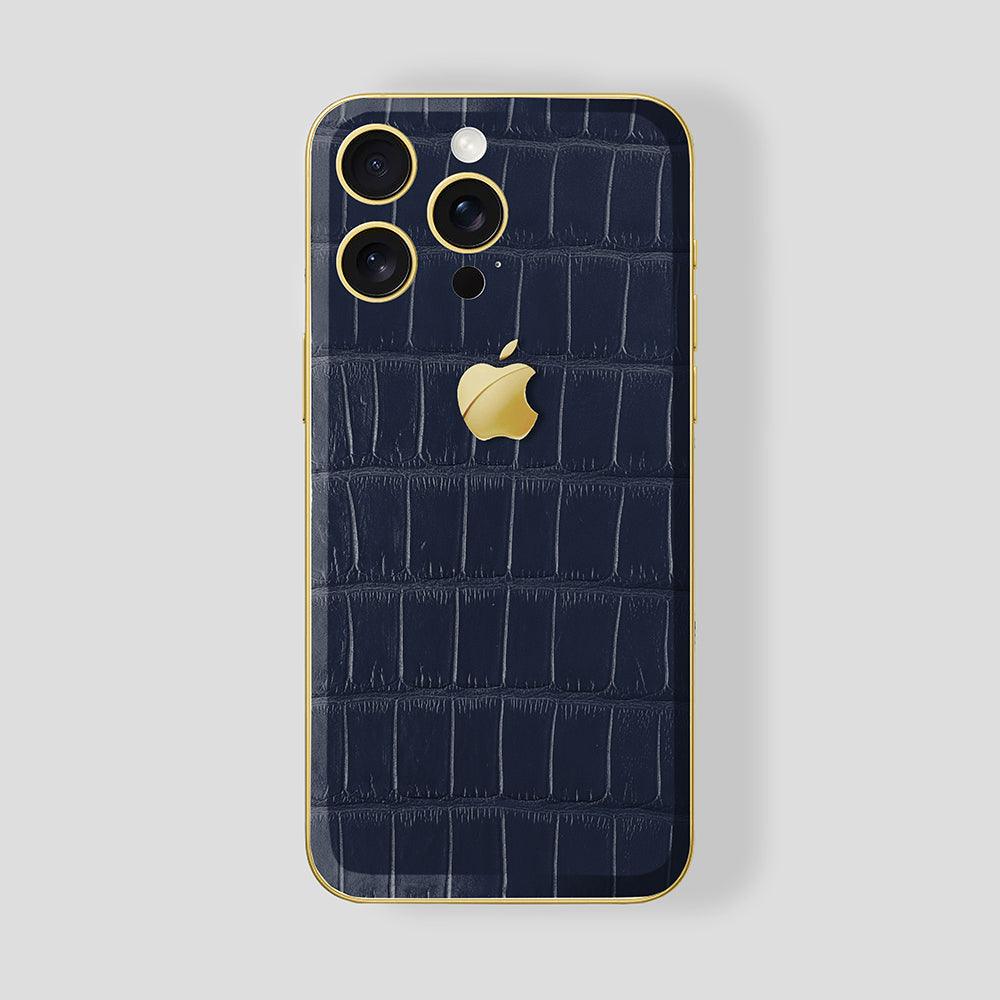 Custom iPhone Gold 24K, Blue Navy Alligator, Gold Logo - Gatti Luxury