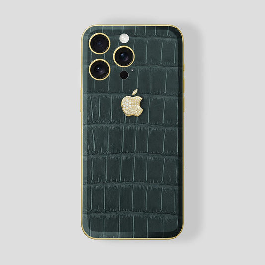 Custom iPhone Gold 24K, Green Emerald Alligator, Diamond Gold Logo - Gatti Luxury
