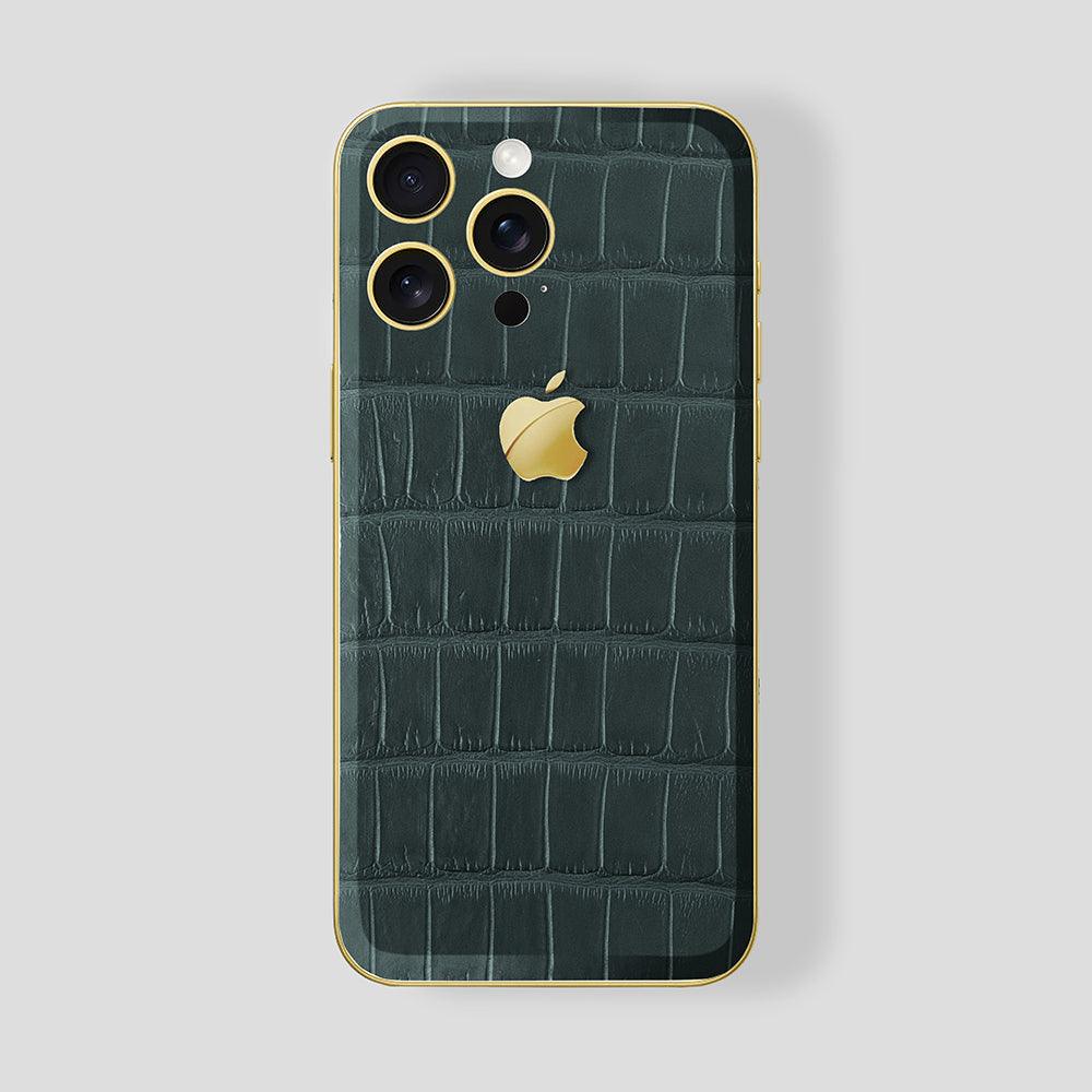 Custom iPhone Gold 24K, Green Emerald Alligator, Gold Logo - Gatti Luxury