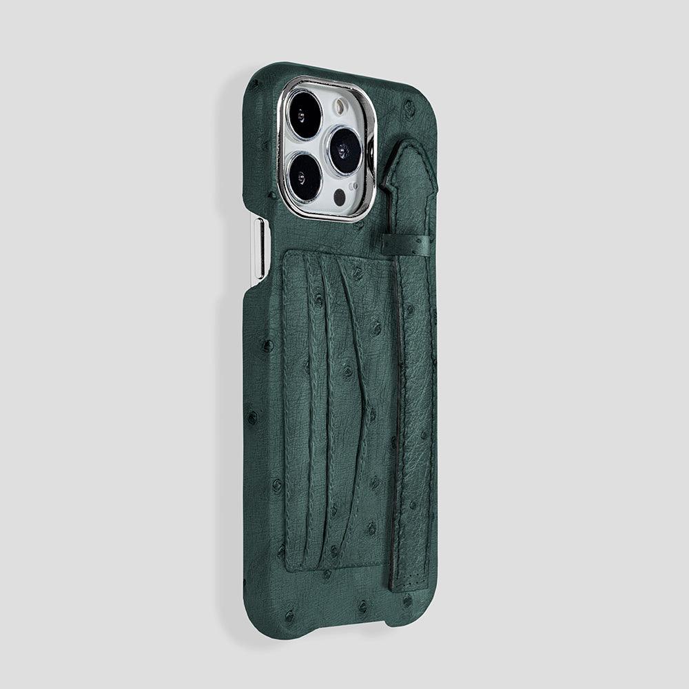 iPhone 15 Cardholder Finger Strap Case Ostrich - Gatti Luxury