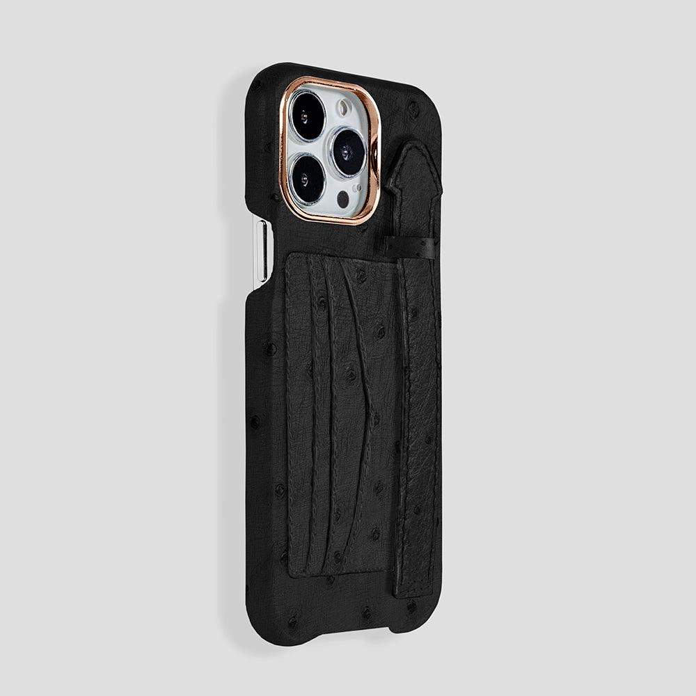 iPhone 15 Plus Cardholder Finger Strap Case Ostrich - Gatti Luxury